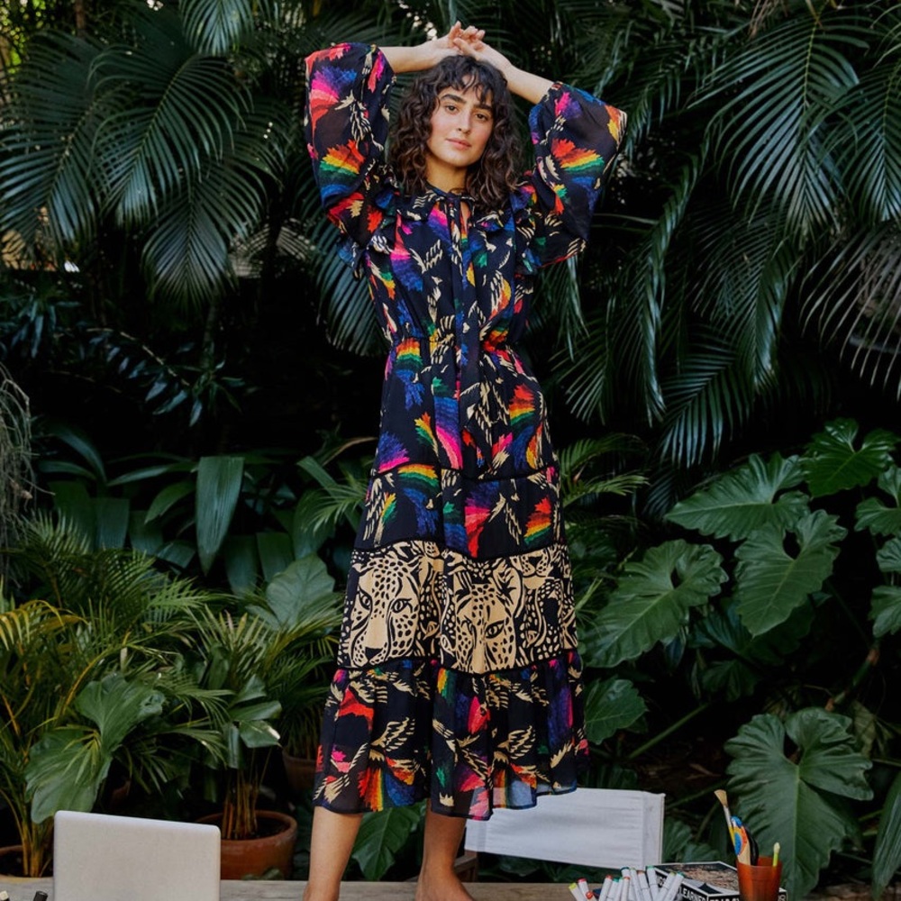 FARM RIO Black Macaws Flight Leopard Midi Dress